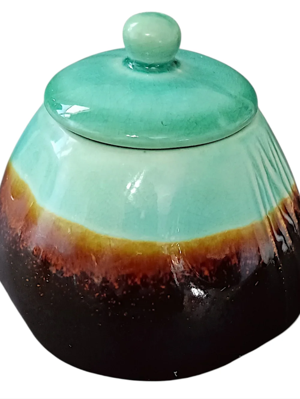 Baum Galaxy‎ Jade Sugar Bowl With Lid Aqua Brown Pottery Farmhouse Rustic Boho